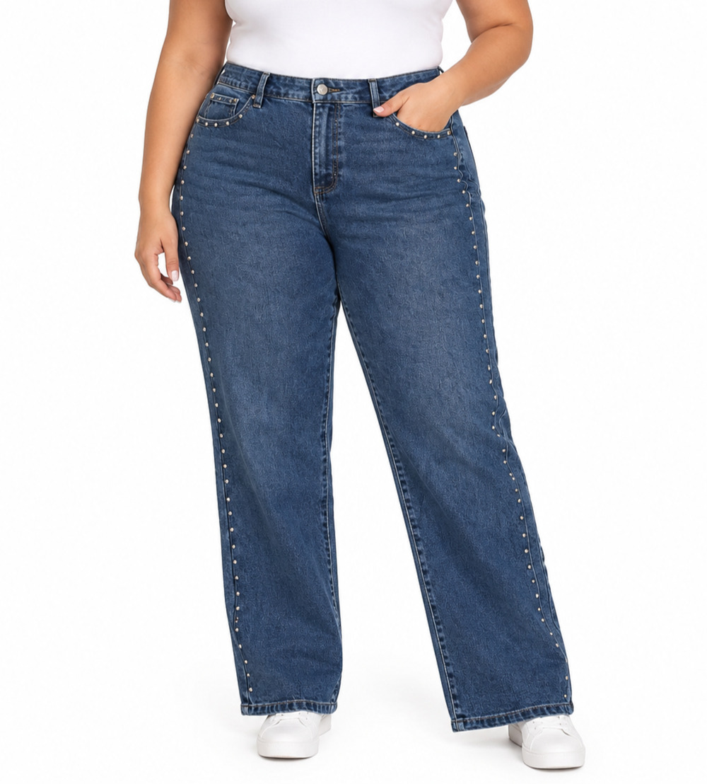 NWOT Express Gold Studs Embellished Straight Leg Jean Blue High Waist 16